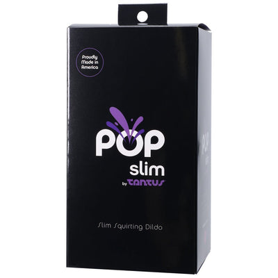 Black retail box packaging for Tantus Pop Slim Squirting Dildo with purple and white branding and product details.