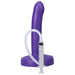 Purple slim silicone squirting dildo with attached clear tubing and syringe for fluid release mechanism.