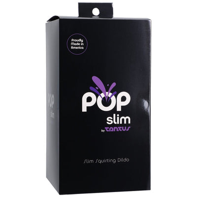 Black retail box packaging for Tantus Pop Slim Squirting Dildo with purple and white branding and "Proudly Made in America" label.