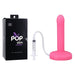Pink slim squirting dildo with syringe and tubing next to black POP Slim by Tantus packaging box.
