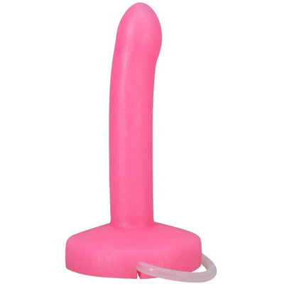 Pink slim silicone squirting dildo with a flat base and clear tubing attachment.