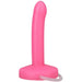Pink slim silicone squirting dildo with a flat base and clear tubing attachment.