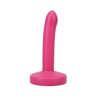 Pink slim silicone squirting dildo with a curved tip and flat base for harness compatibility.