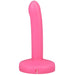 Pink slim silicone squirting dildo with a rounded tip and flat base designed for strap-on use.