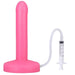 Pink slim silicone squirting dildo with attached clear tube and syringe for fluid release.
