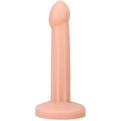 Smooth flesh-toned silicone dildo with a rounded tip and flat base, designed for versatile use and easy cleaning.