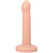 Smooth flesh-toned silicone dildo with a rounded tip and flat base, designed for versatile use and easy cleaning.