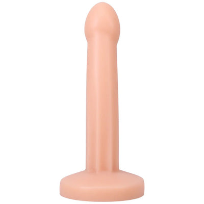 Smooth cream-colored silicone dildo with a rounded tip and flared base, designed for versatile use and easy cleaning.