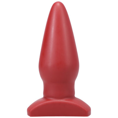 Crimson red smooth silicone anal plug with a tapered shape and wide base for comfort and safety.