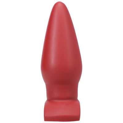 Smooth crimson tapered silicone plug with a wide base for comfortable and secure wear.
