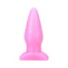 Smooth pink silicone anal plug with a tapered tip and flared base for secure, comfortable use.