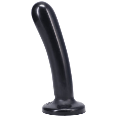 Black smooth silicone dildo with a curved shape and flared base for comfortable use and safety.