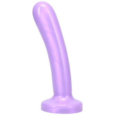 Smooth purple silicone dildo with a curved shape and flared base for comfortable use.