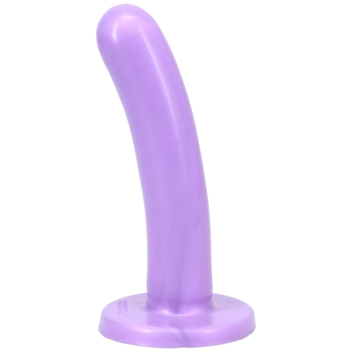 Smooth purple medium-sized curved silicone dildo with a flared base for secure use and easy handling.