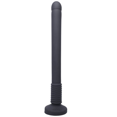 Black flexible exploration toy with rounded tip and ribbed base on a flat suction cup stand.