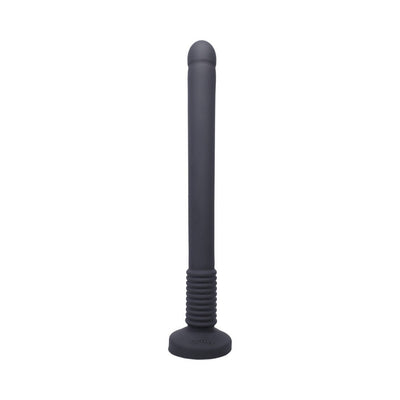 Black flexible exploration toy with rounded tip and ribbed base, standing upright on a white background.