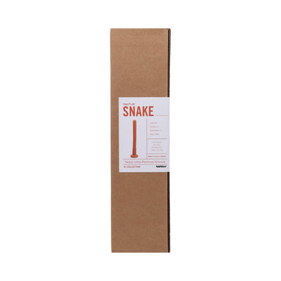 Tantus Snake in True Blood Red packaged in a tall brown box with product label showing size and material details.