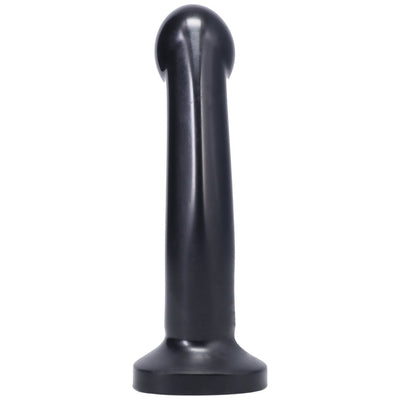 Black medium-sized silicone toy with a rounded head and flared base, designed for harness compatibility.
