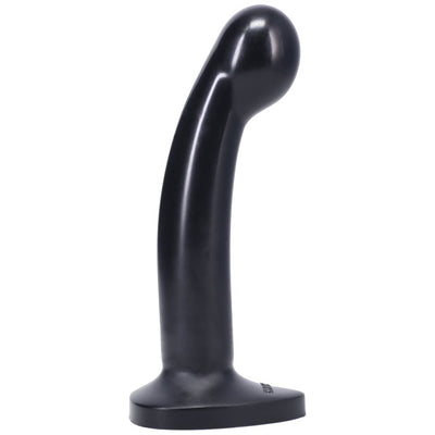 Black medium-sized curved silicone toy with a rounded head and flat base for harness compatibility.