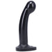 Black medium-sized curved silicone toy with a rounded head and flat base for harness compatibility.
