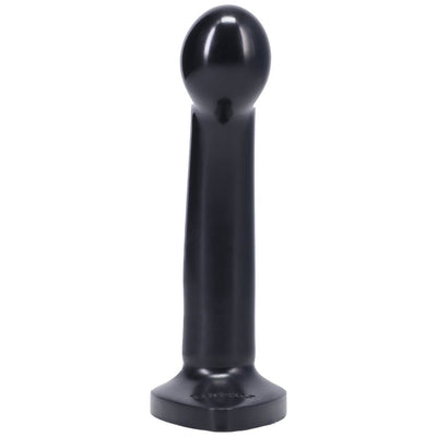 Black medium-sized silicone toy with rounded head and flat base, designed for versatile harness compatibility.