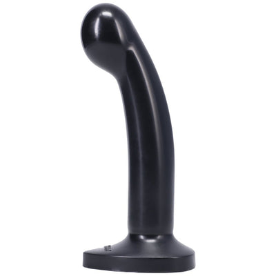 Medium-sized black silicone toy with a curved shape and flared base, designed for versatile harness compatibility.