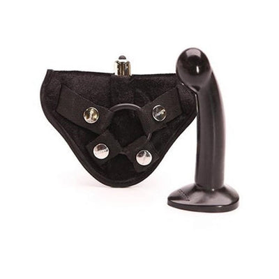 Black adjustable velvet harness with a sleek black silicone sport dildo and a small bullet vibrator.