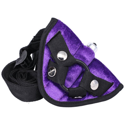 Purple velvet adjustable harness with black straps and metal snaps, featuring a built-in pocket for a bullet vibrator.