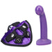 Purple silicone G-spot or prostate dildo with adjustable velvet harness and bullet vibrator pocket from Tantus Sport Kit.