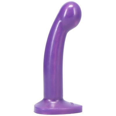 Medium-sized curved purple silicone toy with a rounded head and flared base for secure harness use.