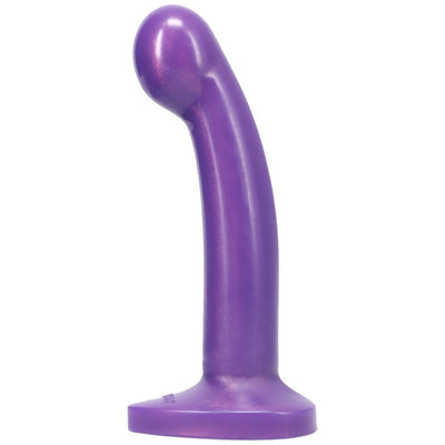 Medium-sized curved purple silicone toy with a rounded tip and flared base for secure harness use.