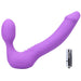 Purple strapless silicone dildo with curved shaft and bulb end, accompanied by a small silver bullet vibrator.