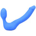 Blue silicone strapless slim strap-on with curved shaft and bulb end for internal support.