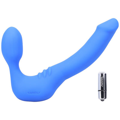 Blue Tantus Strapless Slim strapless strap-on with removable silver bullet vibrator on white background