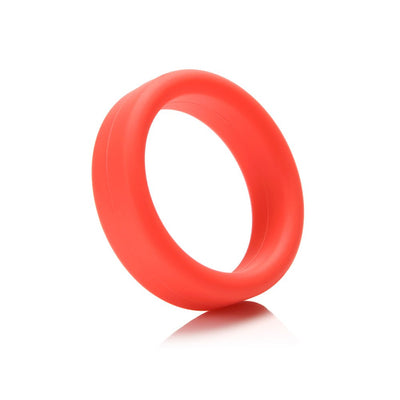 Bright red soft silicone C-ring with a smooth, broad design for comfort and stretchability.