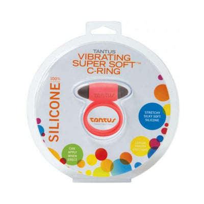 Tantus Vibrating Super Soft C-Ring in coral pink silicone with removable bullet vibrator in clear round packaging.