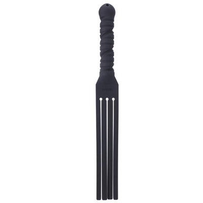 Black silicone paddle with four flexible tongues and a textured handle for versatile use.