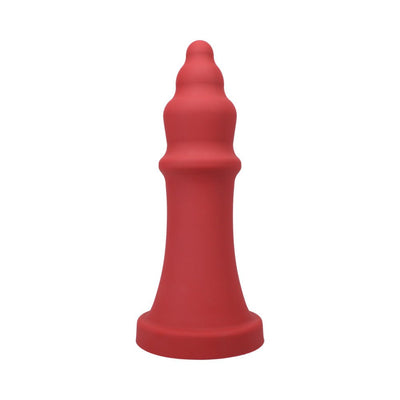 Red silicone pleasure device with a tiered, rounded design and a wide base for stability.