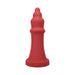 Red silicone pleasure device with a tiered, rounded design and a wide base for stability.