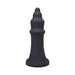 Black silicone pleasure device with tiered, textured design and wide base, standing upright on a white background.