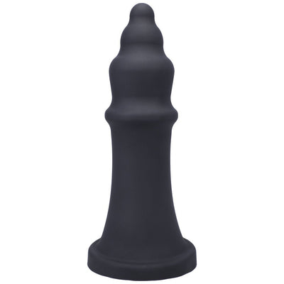 Black silicone pleasure device with tiered, rounded design and wide base, standing upright on a white background.