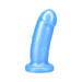 Blue short soft silicone dildo with a rounded tip and flared base, designed for harness compatibility.