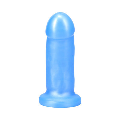 Short soft silicone dildo in translucent azure blue with a rounded tip and flared base.