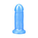 Short soft silicone dildo in translucent azure blue with a rounded tip and flared base.