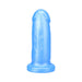 Azure blue short silicone dildo with a rounded tip and wide base, designed for harness compatibility and versatile use.
