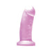 Short, soft, harness-compatible dildo in translucent lavender silicone with a flared base for secure use.