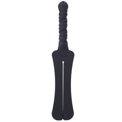 Black silicone dual-tongue impact toy with textured handle and split paddle design by Tantus.