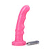 Pink wave-textured silicone toy with curved shaft and removable silver bullet vibrator on white background.