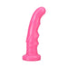 Bright pink textured silicone toy with curved tip and wave-like ridges, designed for targeted stimulation.