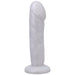 Translucent white silicone dildo with realistic texture and flared base for secure use.